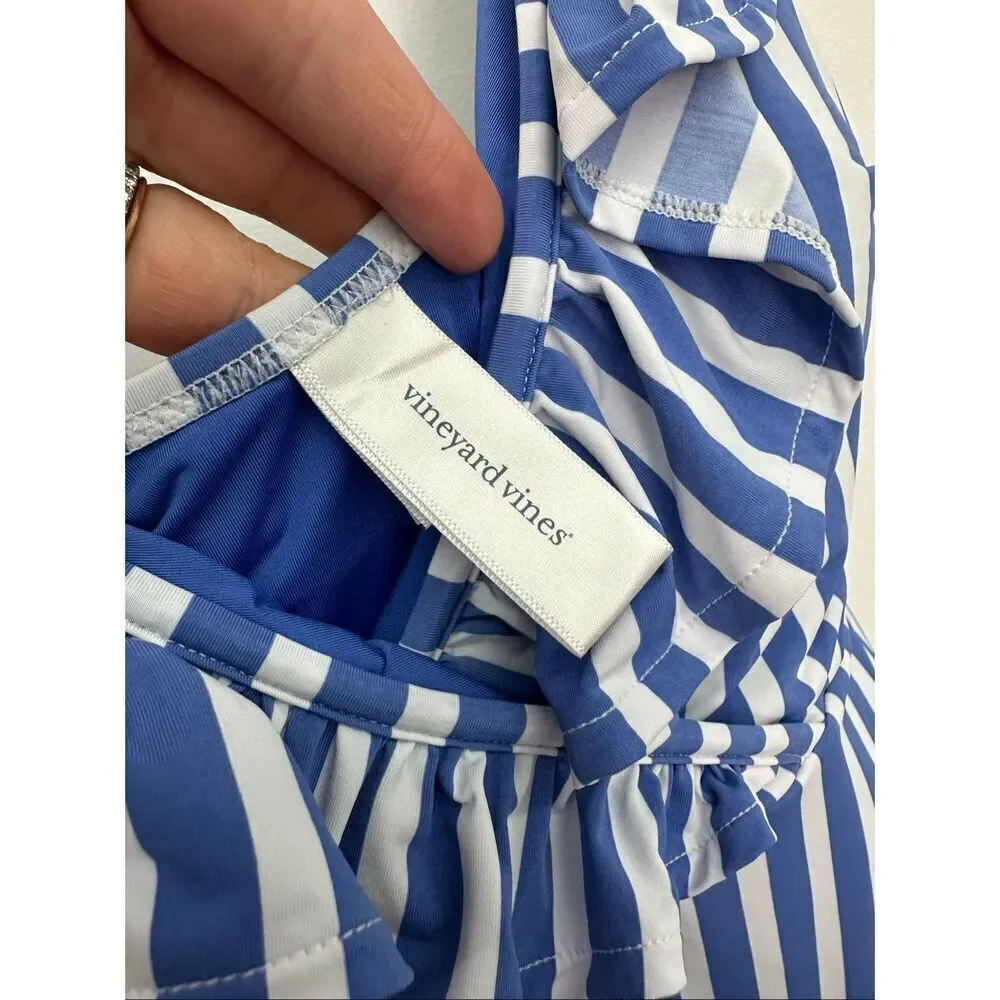 Vineyard Vines Women’s Blue and White Sail Stripe Ruffle One-Piece Swimsuit